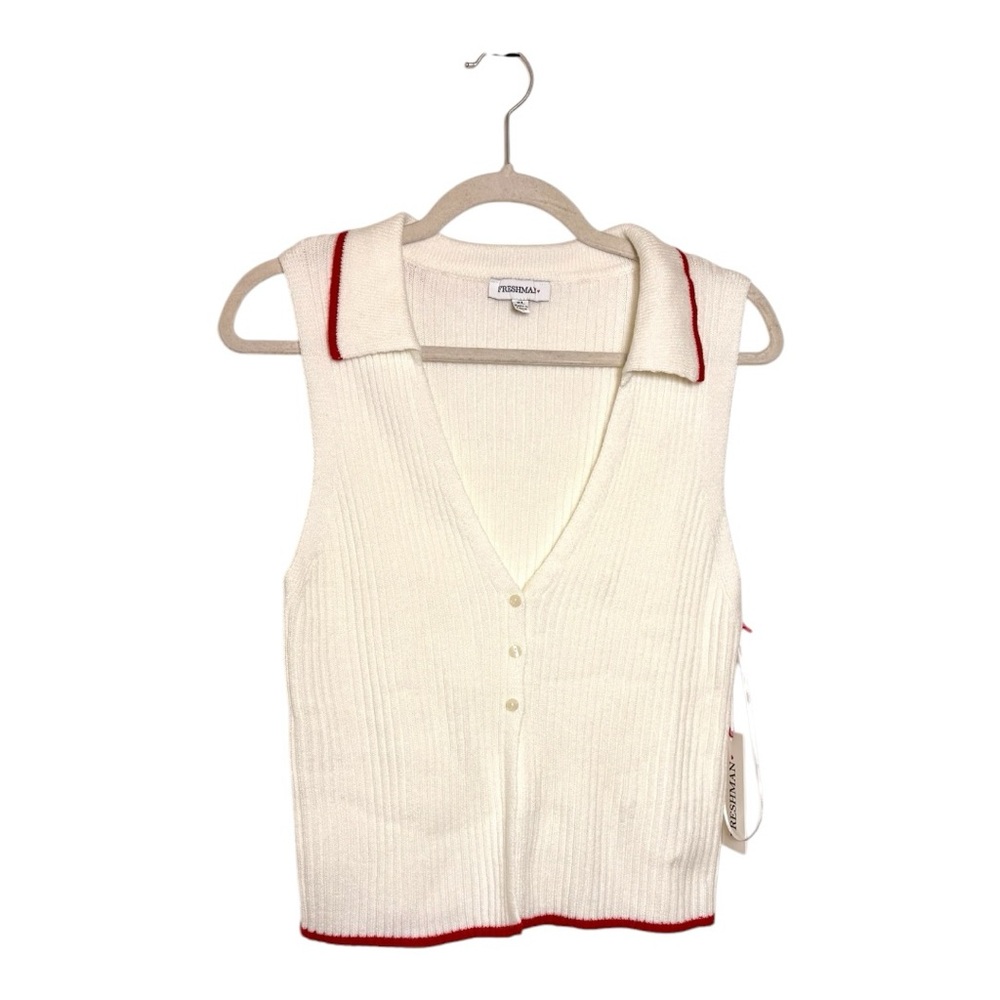 Freshman Cream Varsity Knit Polo Tank Red Trim Juniors XL (Women’s M)